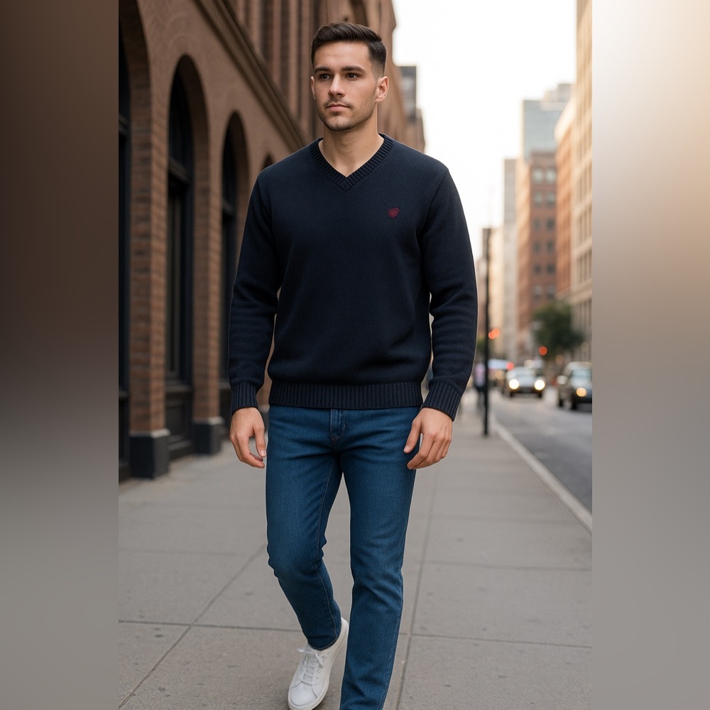 Chaps 100% Cotton V-Neck Sweater Men’s M Dark Navy Blue Logo Embroidered Classic